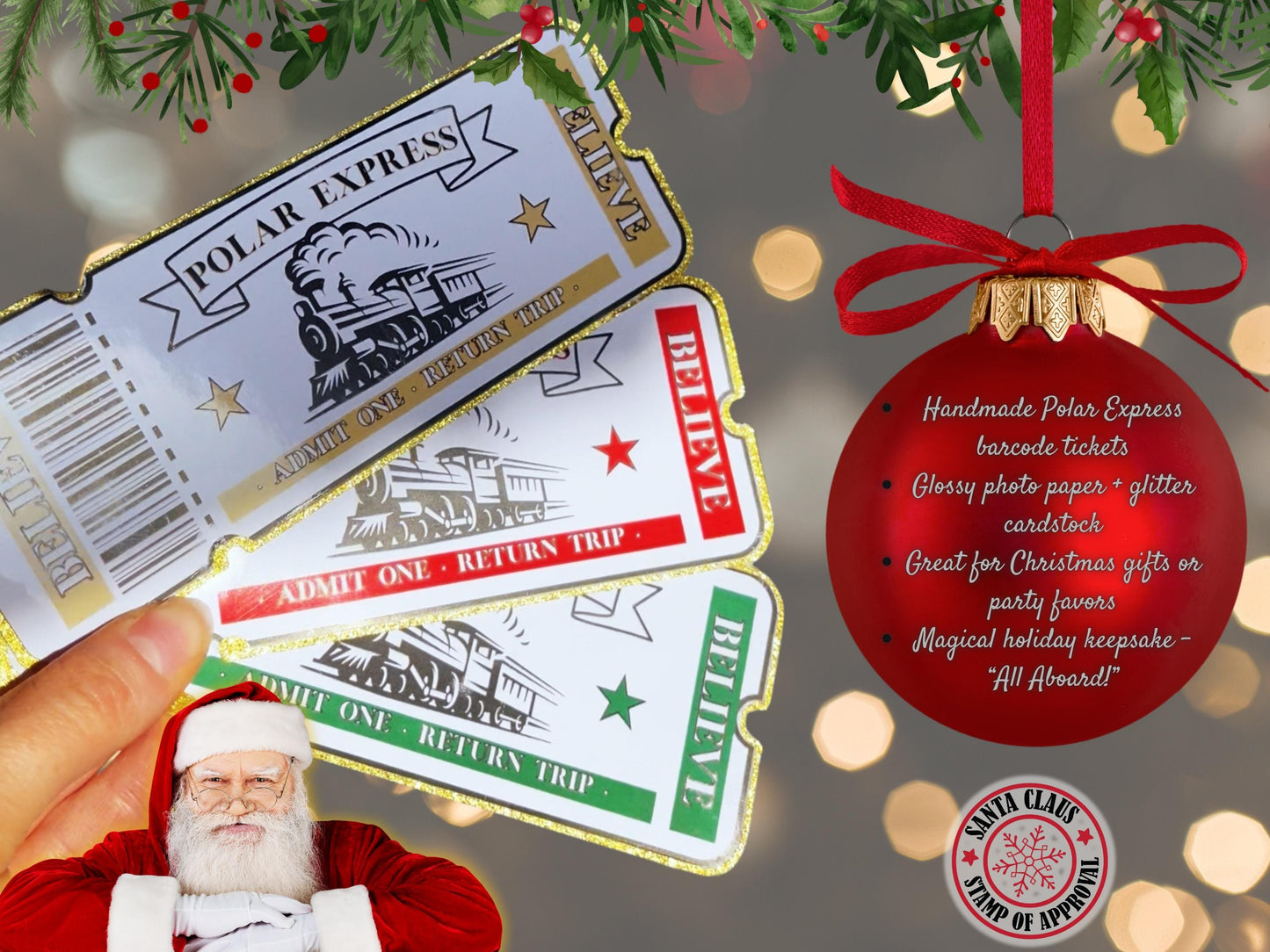 Polar Express Golden Ticket: Handmade Glitter Cardstock Christmas Keepsake