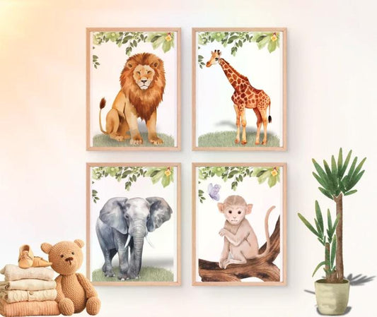 Jungle Animal Nursery Prints: Tropical Safari Wall Art, Set of 4