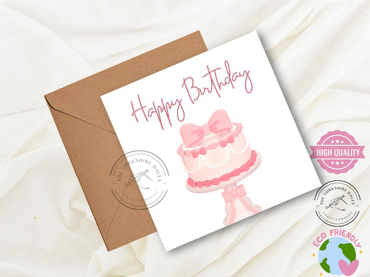 Pink Ribbon Cake Birthday Card: Elegant 6x6 Greeting with Envelope