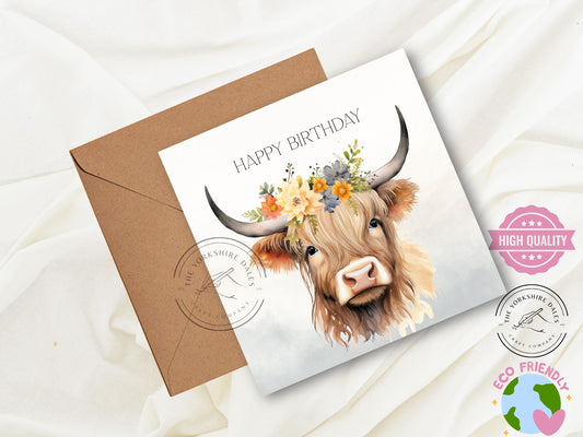 Highland Cow Birthday Card: Rustic Farm Animal Greeting
