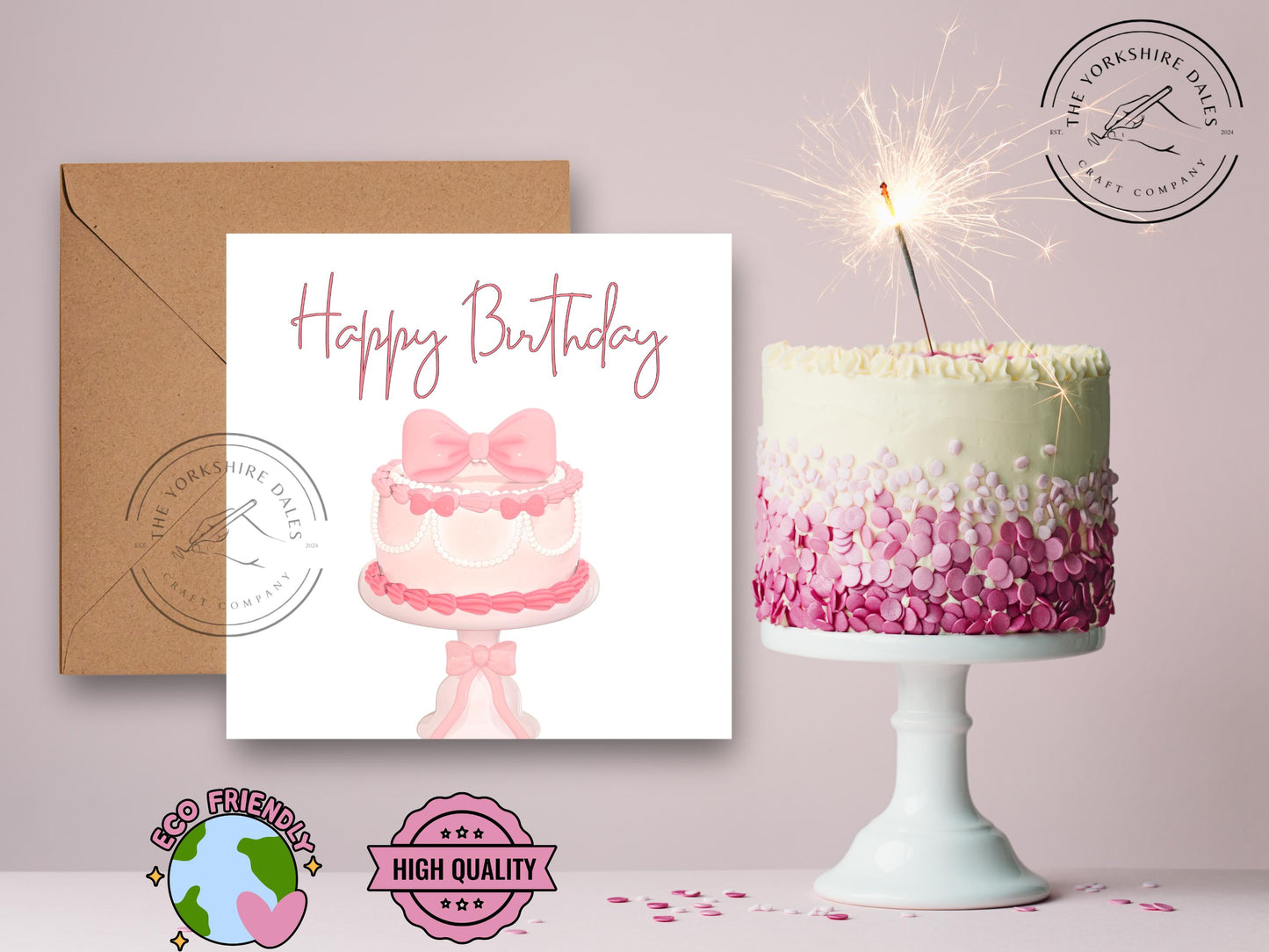 Pink Ribbon Cake Birthday Card: Elegant 6x6 Greeting with Envelope