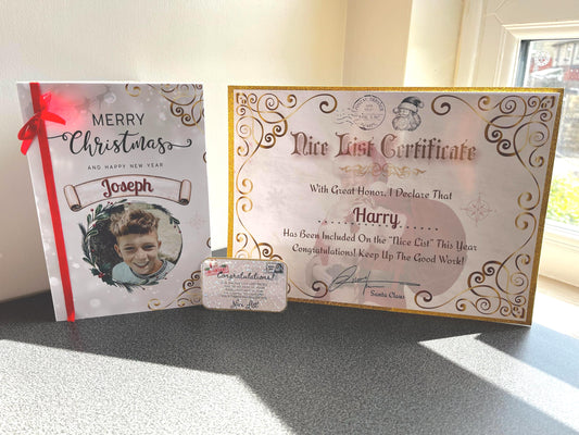 Personalised Christmas Bundle - Greetings Card - Nice list Certificate - Congratulations Card