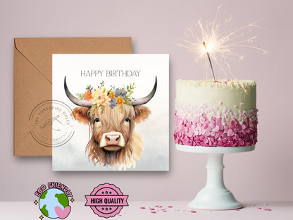 Highland Cow Birthday Card: Rustic Farm Animal Greeting
